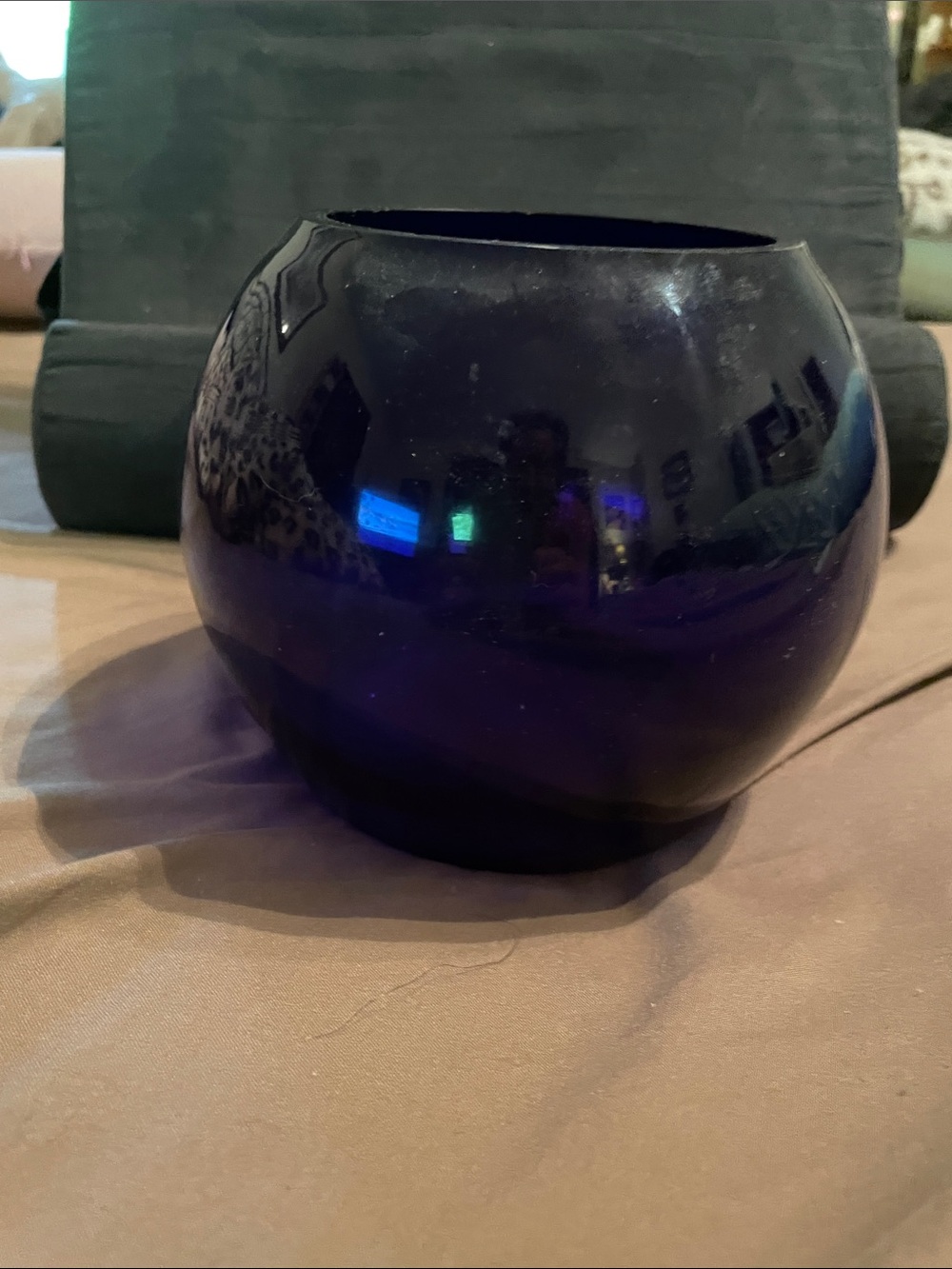 Vintage cobalt blue globe vase 19”circumference 4” at mouth **small chips on rim